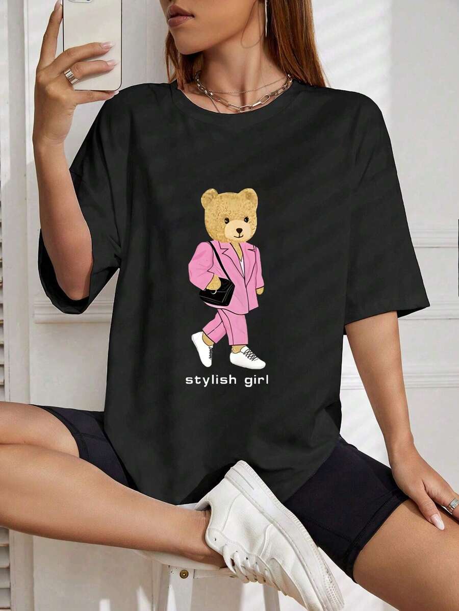 Letter And Bear Print T-Shirt - Black - View 1
