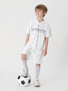 MARC&JANIE Young Boy 2-Piece Set Of Light And Sports Letter & Line Elastic V-Neck Short Sleeve T-Shirt And Shorts For Summer