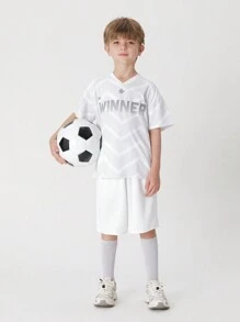 MARC&JANIE Young Boy 2-Piece Set Of Light And Sports Letter & Line Elastic V-Neck Short Sleeve T-Shirt And Shorts For Summer