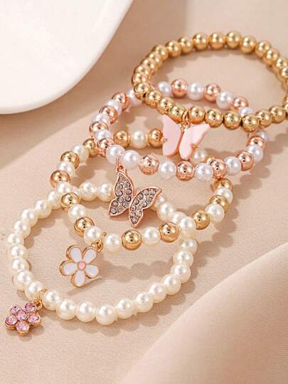 Conjunto de joyas de perlas con colgante de mariposa y flor lindo de 4 piezas para chicas adolescentes, pulsera de accesorios de lujo de moda con vibración elegante