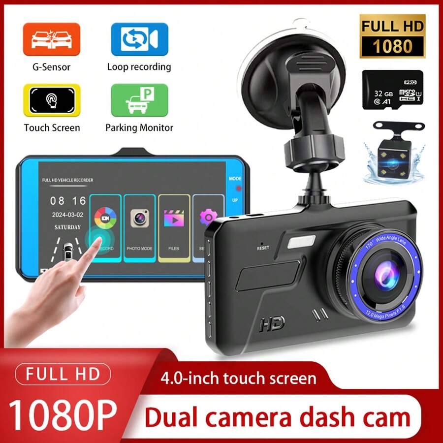 1080P Car Tachograph With Memory 32GB SD Card, Dual Lens Front Built-In, Car Camera Cycle Recording, Infrared Night Vision Function, Motion Detection Mode.Multi-SKC - Black - View 1
