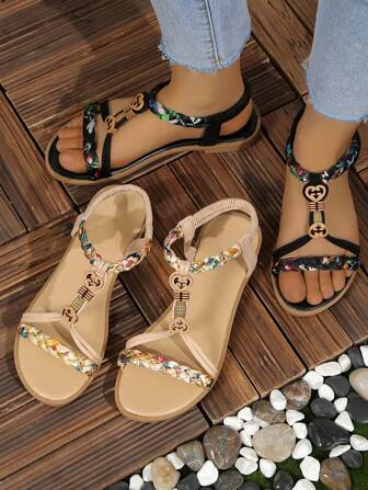 Bohemian Style Teenagers" Casual Flat Sandals, Fashionable Beach Shoes For Summer.