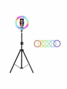 Aro de luz led RGB multi color profesional 10 pulgadas ajustable 360 grados con soporte para celular, inclulye  tripie - Multicolor - Ver 2