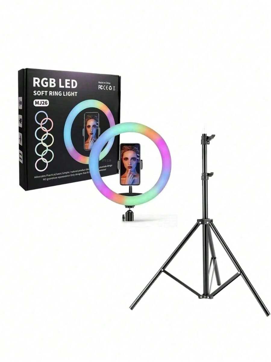 Aro de luz led RGB multi color profesional 10 pulgadas ajustable 360 grados con soporte para celular, inclulye  tripie - Multicolor - Ver 1