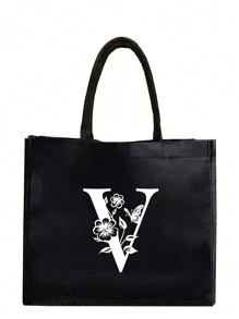 1PC Black Linen Handbag With White Flower Butterfly Letter Print Design,Simple And Elegant,Personalized Bridesmaid Wedding Gift Bag, Makeup Bag,Travel Simple Storage Bag,Solid Color Cosmetics Wallet,Large Capacity Travel Makeup Bag: The Perfect Match For Outdoor Beauties! Suitable For Weddings,Birthdays,Beaches,And Holidays - Black - View 17