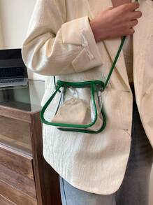 拉繩閉合透明PVC簡約沙灘旅行防水桶型斜挎袋，女士專用。符合體育場12*12*78清晰透明手提包，適用於音樂會、運動賽事和節日 - 綠色 - 查看 4