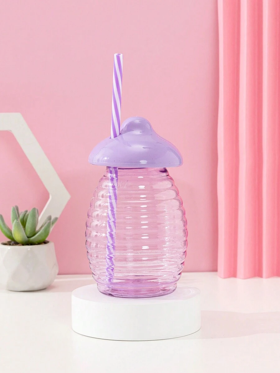 1pc Cute Purple Mushroom Shaped Juice Cup With Straws - Purple - View 1