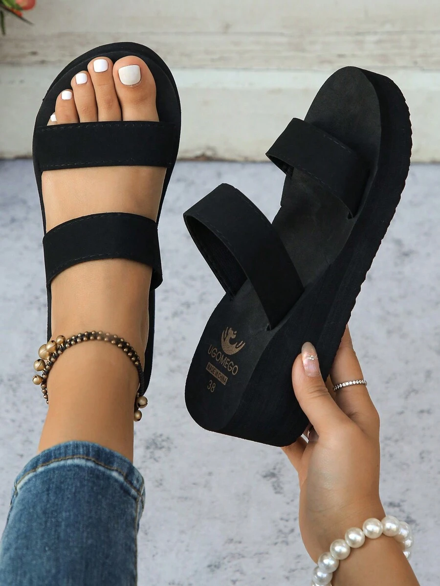 Nuevas zapatillas de playa para mujeres con decoración de pedrería anti-deslizantes para verano, sandalias de tacón alto con doble correa, perfectas para bodas de playa, vacaciones al aire libre