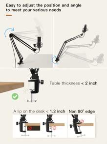 Microphone Arm Stand, Suspension Boom Scissor Mic Stand With Heavy Duty Clamp, 3/8" To 5/8" Adapter, For FIFINE AM8,K688,A8,A6V, For Voice-Over, Gaming, Recording, Studio, Home Office-FIFINE CS1 - Black - View 4