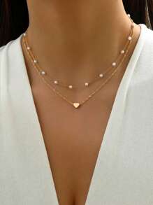 2 件女士金色心形项链，小众设计，奢华时尚双层锁骨链，组合项链情人节 - 彩色 - 查看 6