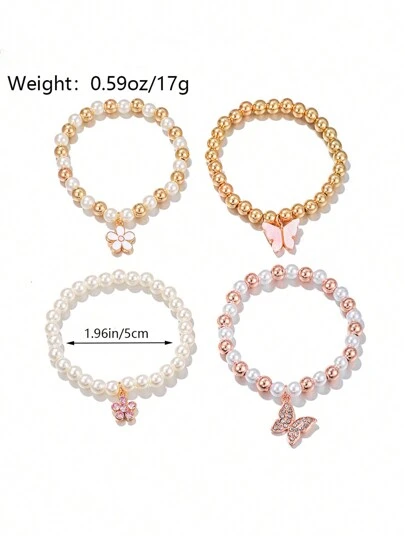 4pcs Cute Butterfly & Flower Pendant Pearl Jewelry Set For Teen Girls, Fashionable Luxury Accessory Bracelet With Elegant Vibe