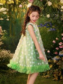 Dimu Tween Girl 2024 Summer New Three-Dimensional Flower Super Fairy Princess Sleeveless Sundress - Green - View 7