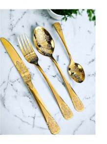 Faqueiro de Inox De Luxo Talheres de Cozinha Dourado Slim faca de Mesa Colher de Mesa Colher de Sobremesa Garfo de Mesa 24peças