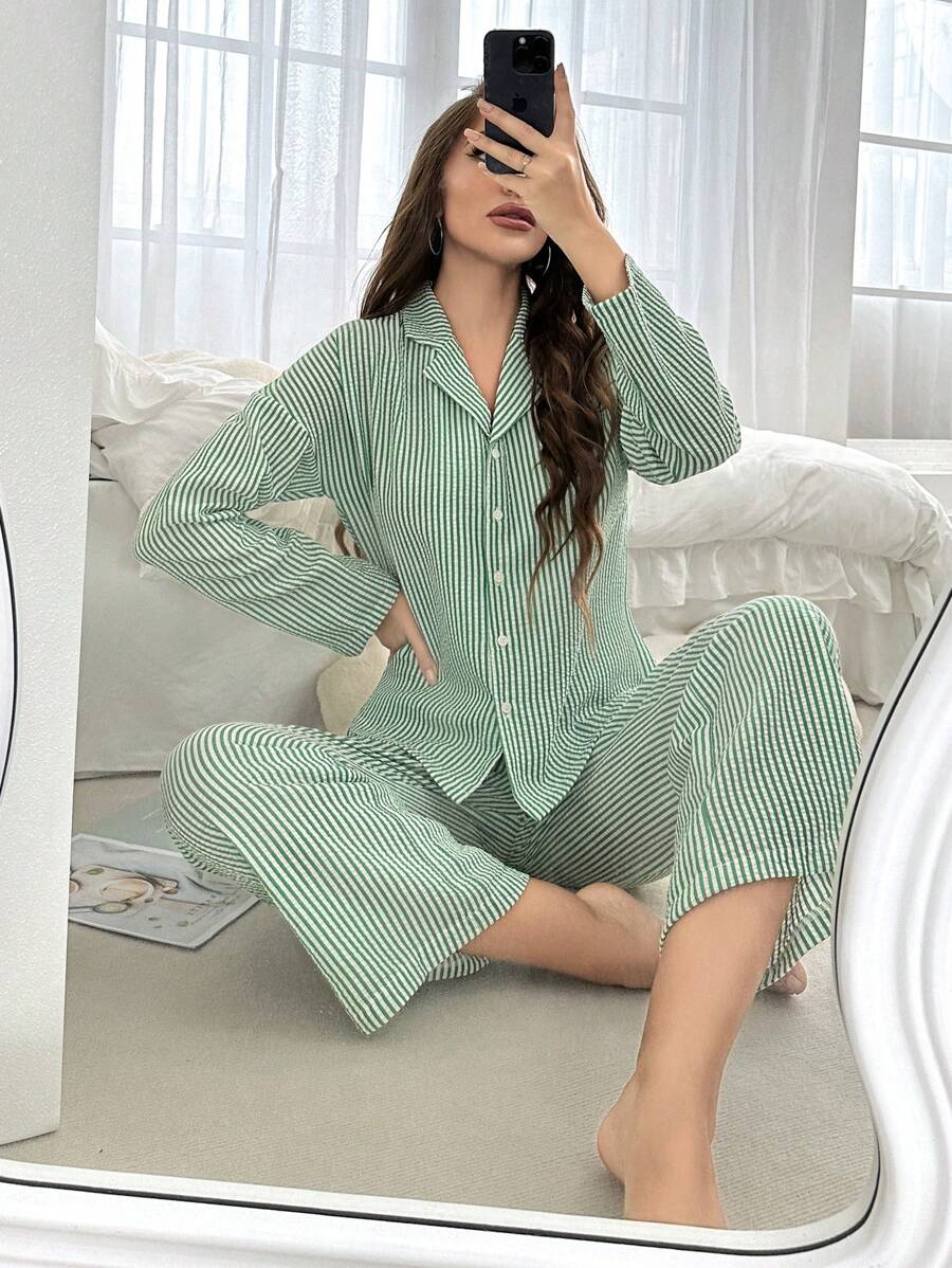 Nina Bonheur 2pcs Women Striped Button-Front Long Sleeve Pajama Set + Drawstring Pants, Cute Sleepwear Homewear - View 1