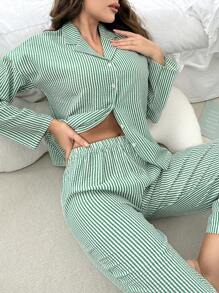 Nina Bonheur 2pcs Women Striped Button-Front Long Sleeve Pajama Set + Drawstring Pants, Cute Sleepwear Homewear - View 5