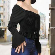 Plain Long Sleeve Peasant Blouse - Black - View 3