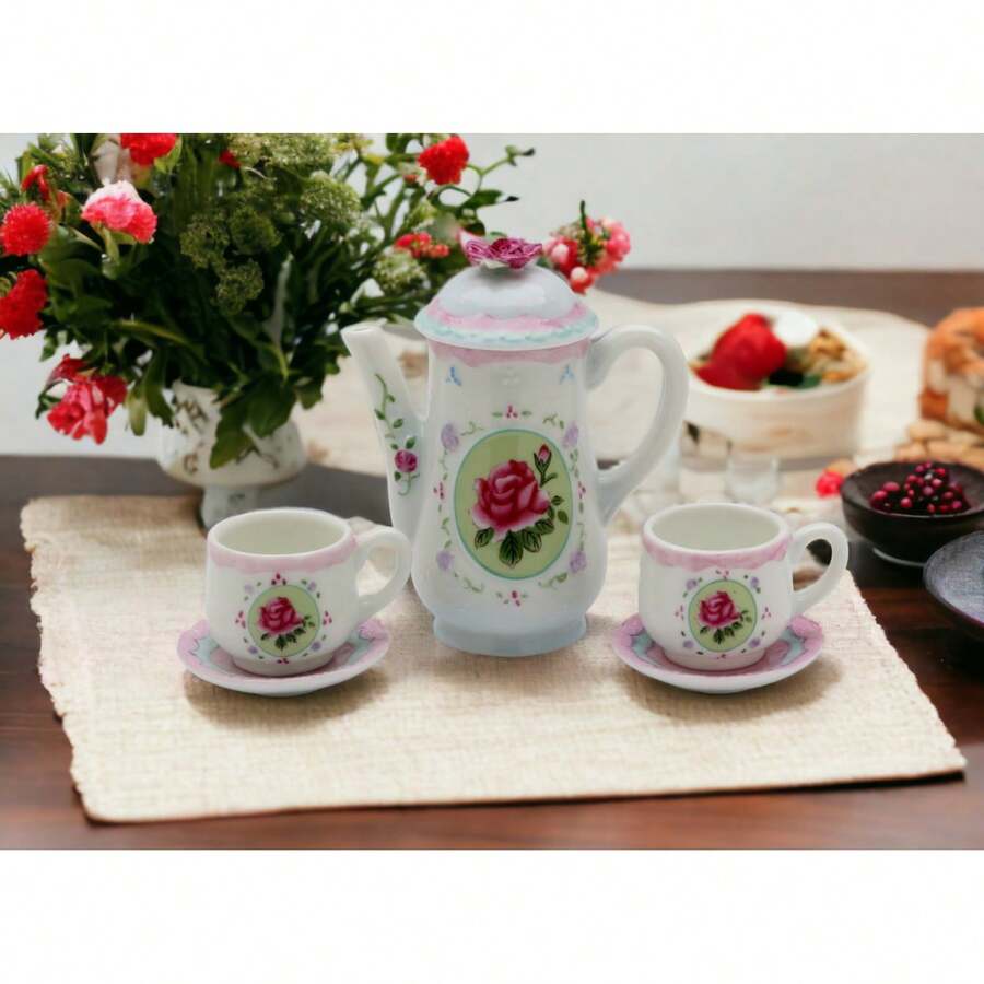 Kevinsgiftshoppe Ceramic Pink Rose Mini Tea Set 5 Piece Tea Party Friend Decor - Pink Rose - View 1