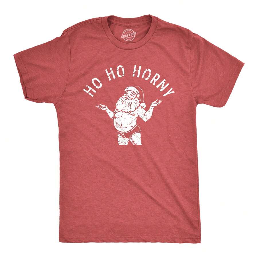 Mens Ho Ho Horn T Shirt Funny Naughty Sexy Shirtless Santa Claus Joke Tee For Guys Mens Funny T Shirts Cool Vintage Fashion T-Shirt Gift Classic Menswear - Heather Red - View 1