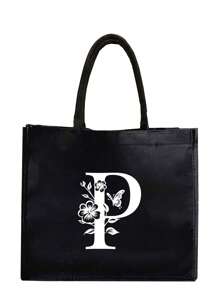1PC Black Linen Handbag With White Flower Butterfly Letter Print Design,Simple And Elegant,Personalized Bridesmaid Wedding Gift Bag, Makeup Bag,Travel Simple Storage Bag,Solid Color Cosmetics Wallet,Large Capacity Travel Makeup Bag: The Perfect Match For Outdoor Beauties! Suitable For Weddings,Birthdays,Beaches,And Holidays - Black - View 11