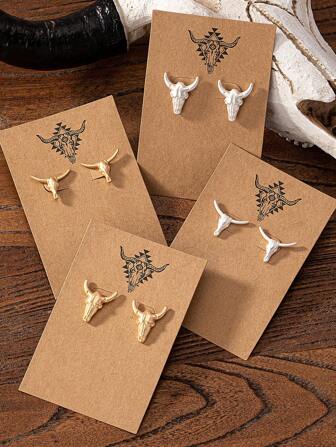 1對南部西部牛仔風格長角牛頭耳釘耳環，適用於女性