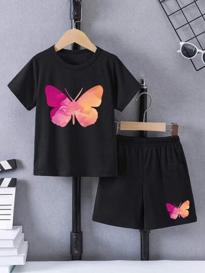 THOMAS STEVEN 年輕女孩夏季短袖字母印花T恤和運動短褲