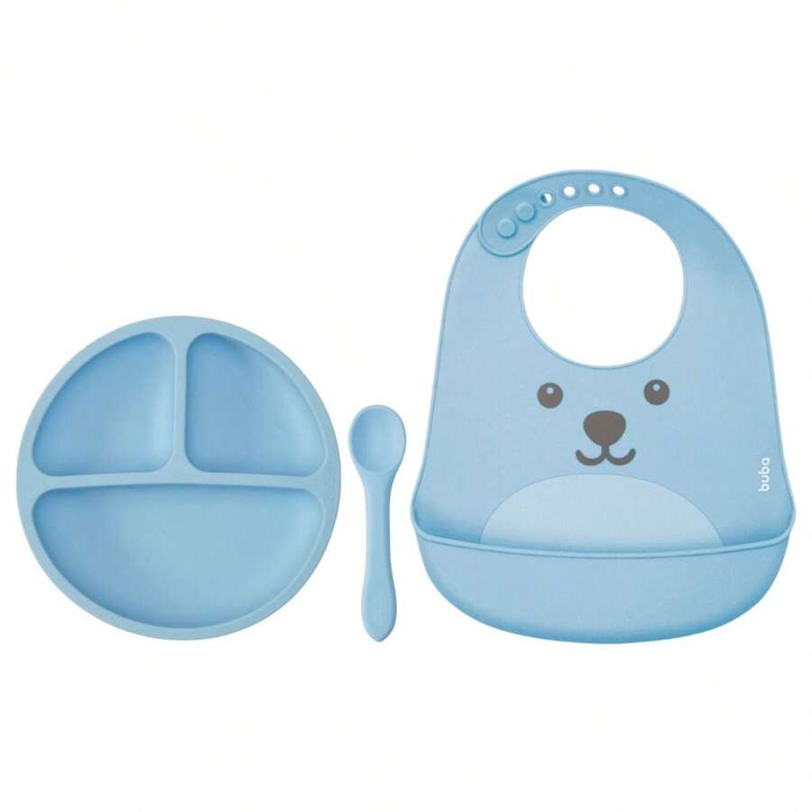 Kit Refeição Infantil 3 Peças Prato Silicone com Divisórias e Ventosas, Colher e Babador com Pega Migalhas Gumy Buba - Azul - Visão 1