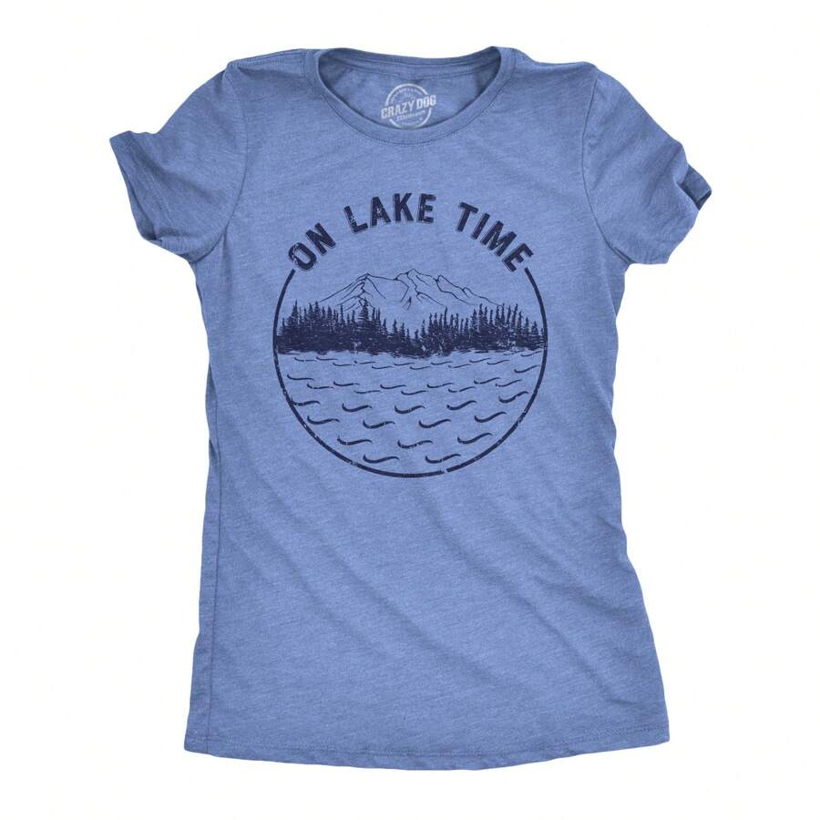 Womens On Lake Time T Shirt Funny Summer Vacation Outdoors Tee For Ladies Funny Womens T Shirts Cute Vintage Fashion Casual Ladies T-Shirt Gift - 希瑟淺藍色 - 查看 1