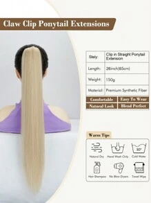 Extensions de queue de cheval 26 pouces 150g/paquet Perruque longue droite synthétique Pièces à clip en queue de cheval pour femmes Extensions de cheveux en fibre résistante à haute température (Blond)