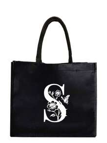 1PC Black Linen Handbag With White Flower Butterfly Letter Print Design,Simple And Elegant,Personalized Bridesmaid Wedding Gift Bag, Makeup Bag,Travel Simple Storage Bag,Solid Color Cosmetics Wallet,Large Capacity Travel Makeup Bag: The Perfect Match For Outdoor Beauties! Suitable For Weddings,Birthdays,Beaches,And Holidays - Black - View 13