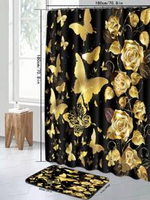 1入組超細纖維防滑底金色蝴蝶和玫瑰門墊/ U型坐墊/馬桶蓋套/浴簾套裝