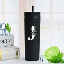 1入組A-Z字母圖案16oz純色塑料水瓶，適用於夏季/冬季飲料，扁底牛奶/咖啡杯，旅行配件，母親節禮物，伴娘/新娘禮物 - 粉色 - 查看 7