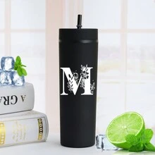 1入組A-Z字母圖案16oz純色塑料水瓶，適用於夏季/冬季飲料，扁底牛奶/咖啡杯，旅行配件，母親節禮物，伴娘/新娘禮物 - 粉色 - 查看 5