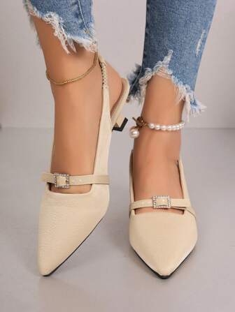 2024 Spring/Summer New Elegant Mary Jane Style Pumps With Kitten Heels Featuring Pointed Toe And Buckled Ankle Strap For Women
