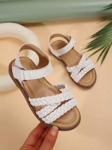 Double Girl Strappy Hollow Weaved PU Thong Sandals With Flat Sole And Round Toe, Suitable For Various Festivals In Summer