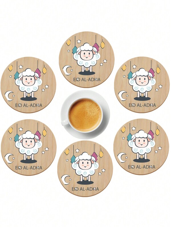 6pcs Set Of Colorful Painted Bamboo Coasters With Little Lamb Design For Eid Al-Adha Celebration