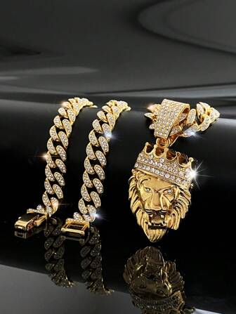1pc Novelty Fierce Style Zinc Alloy Rhinestone Lion Crown Pendant Necklace, Hiphop Brothers Gift