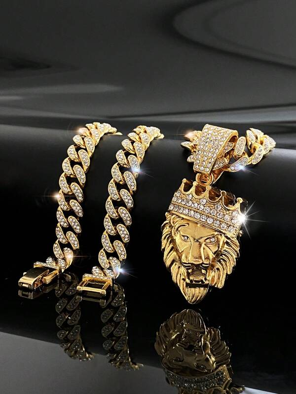 1 Stück Neuheit Kette mit Anhänger Löwenkrone aus Zinklegierung mit Strass, Kampfstil, Geschenk für Hiphop Brüder