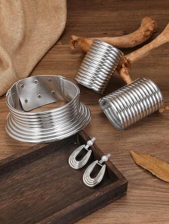 Exaggerated Multi-Layer Leather Handmade Necklace, Earrings And Bracelet Set, Fashion Vintage Bohemian Elegant Accessories For Women, Suitable For Gala, Party, Wedding, Beach Vacation