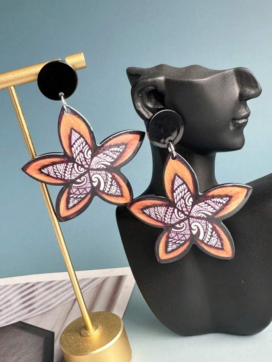 1 Đôi Bông tai dòng 3D cánh hoa nhiệt đới bằng acrylic vẽ tay phong cách Pháp Bohemian Thích hợp cho mọi cách sắp xếp quần áo. - màu nâu - Xem 1