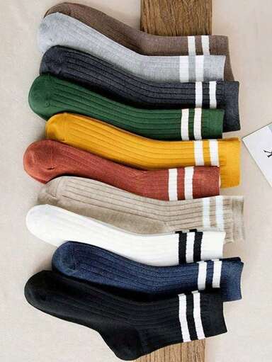 10足 ストライプ柄 カジュアルクルーソックス 日常着用 秋向け