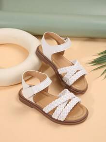 Double Girl Strappy Hollow Weaved PU Thong Sandals With Flat Sole And Round Toe, Suitable For Various Festivals In Summer