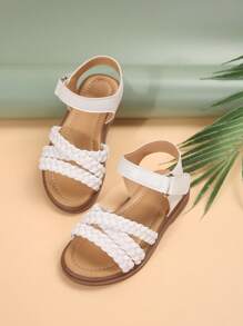 Double Girl Strappy Hollow Weaved PU Thong Sandals With Flat Sole And Round Toe, Suitable For Various Festivals In Summer