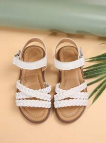 Double Girl Strappy Hollow Weaved PU Thong Sandals With Flat Sole And Round Toe, Suitable For Various Festivals In Summer