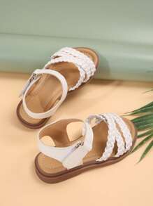 Double Girl Strappy Hollow Weaved PU Thong Sandals With Flat Sole And Round Toe, Suitable For Various Festivals In Summer