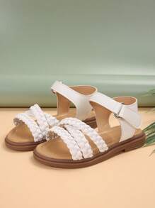 Double Girl Strappy Hollow Weaved PU Thong Sandals With Flat Sole And Round Toe, Suitable For Various Festivals In Summer