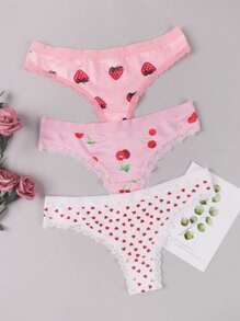 Morvia 3pcs Women Sexy Cute Contrast Lace Trim Heart & Cherry & Strawberry Pattern Thong