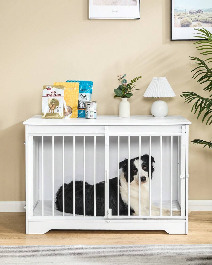 HaluPeit Dog Cage Furniture, Dog Box, 2 Doors, Modern Dog House For Small/Medium/Large Dogs Up To 100 Kg, Side Table, Dog House For Home, 60 X 100 X 68 Cm - 白色 - 查看 1