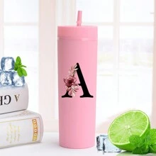 1入組A-Z字母圖案16oz純色塑料水瓶，適用於夏季/冬季飲料，扁底牛奶/咖啡杯，旅行配件，母親節禮物，伴娘/新娘禮物 - 粉色 - 查看 18