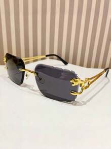 1 Pair Metal PC Frameless Leopard Head Fashion Glasses, Metal Fashion Asymmetrical Hollow Leg Fashion Glasses, Unisex High-End Makeup-Free Glasses - Gold - View 10