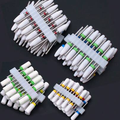 10入組電動修甲鑽頭套裝,瓷釉針磨片,火焰型修甲鑽頭,角質修形機底盤抛光配件